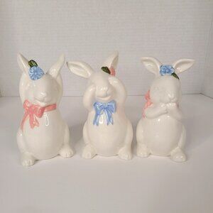 Set of 3 Ceramic Glazed "No Evil" Bunny Figurines 5" Tall